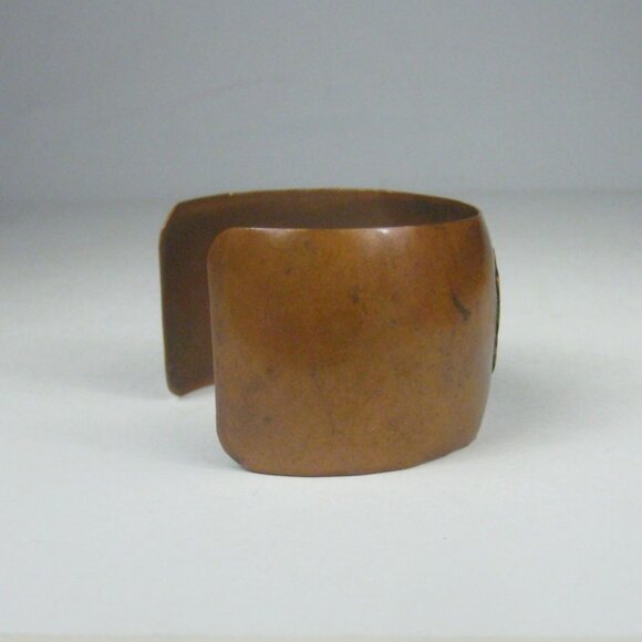 Vintage Mexican Copper Cuff Bracelet Inlaid Abalone Shell Gecko Mid Century WEAR - Picture 8 of 12